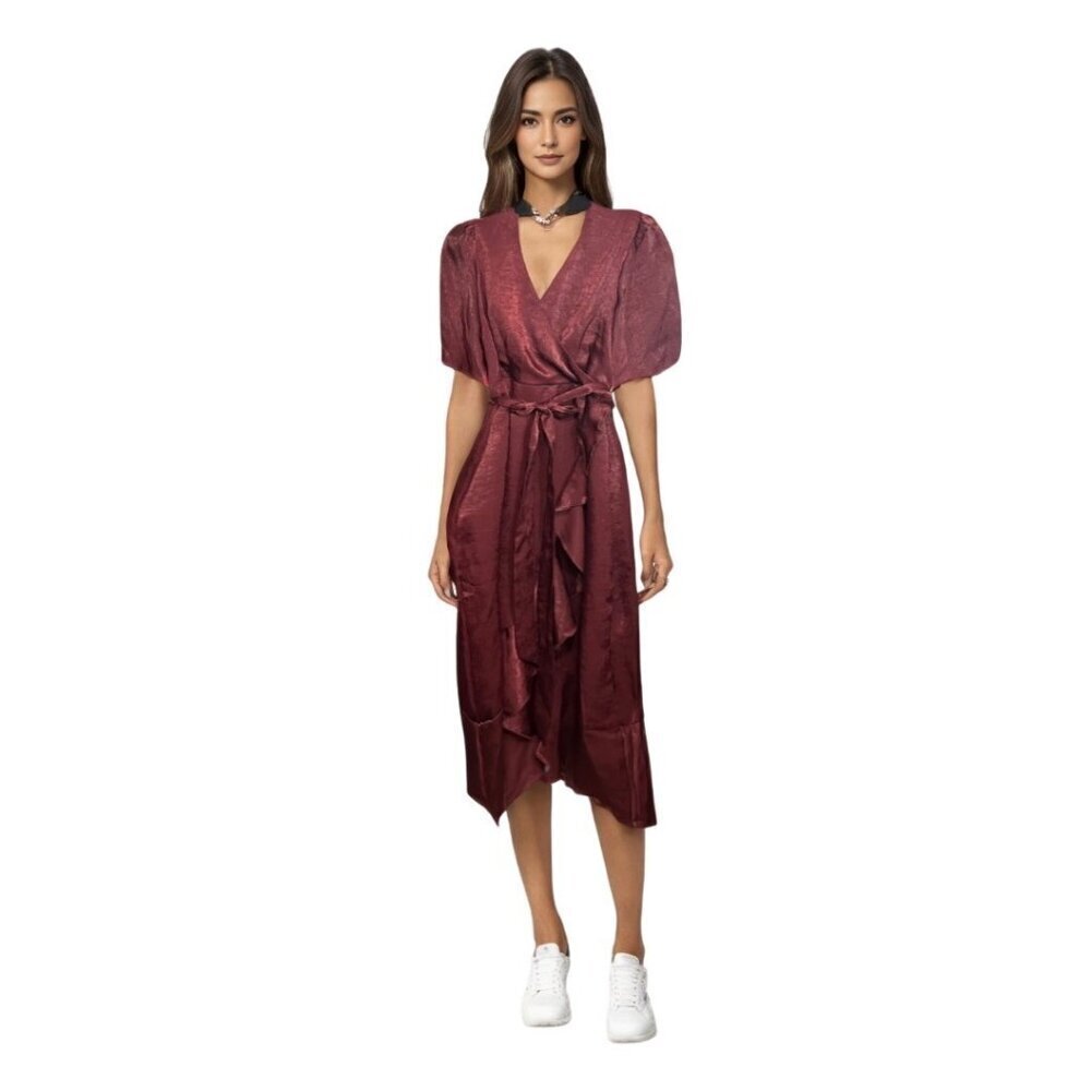 Lulus Dress Wrapped in Love Burgundy Satin Faux Wrap Angel Sleeves &‎ Belt XS